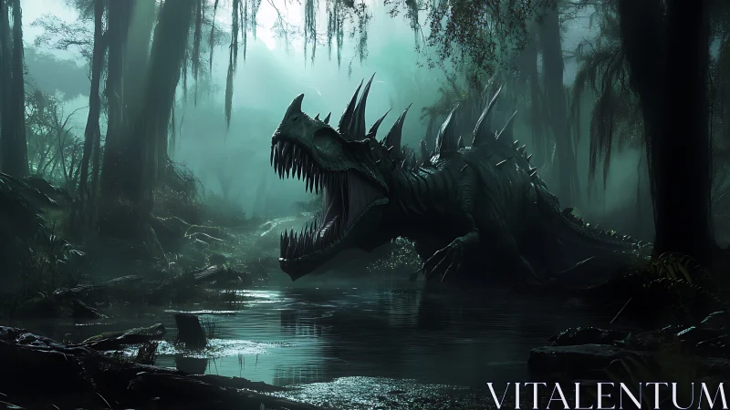 Swampborn dragon skulks through misty primeval waterscape.