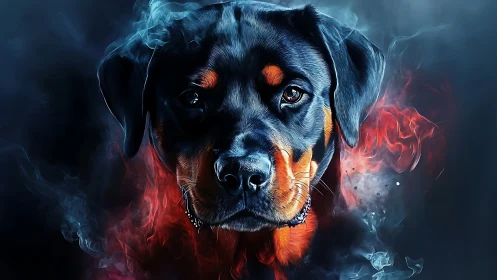 Strong rottweiler gazes calmly through swirling red smoke