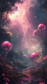Enchanted pink orbs drift through a luminous dream forest