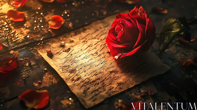 Red Rose on Handwritten Letter with Golden Light