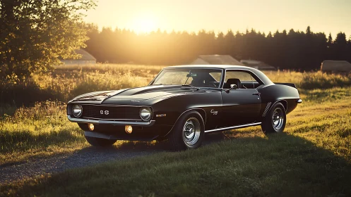 Classic black muscle car stands in golden rural sunset glow