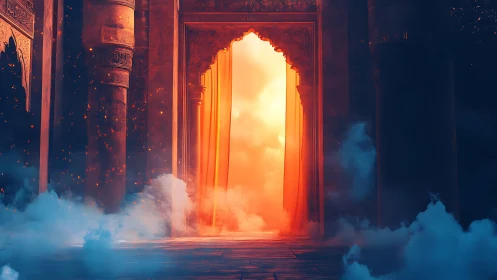 Blazing Temple Gateway Breathing Firelight Into Mist.