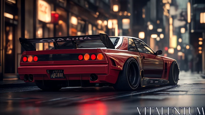 Modified red sports coupe is parked on wet urban street at night