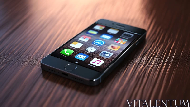 iPhone 5 with iOS home screen displayed on reflective wooden surface under directional lighting