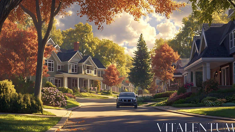 Golden autumn sunshine warms a peaceful suburban street