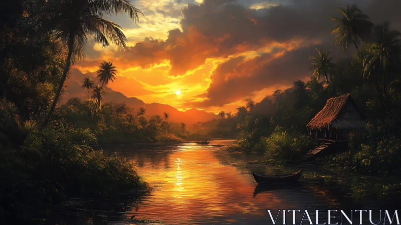 Sunlit tropical river retreat glowing with evening calm.