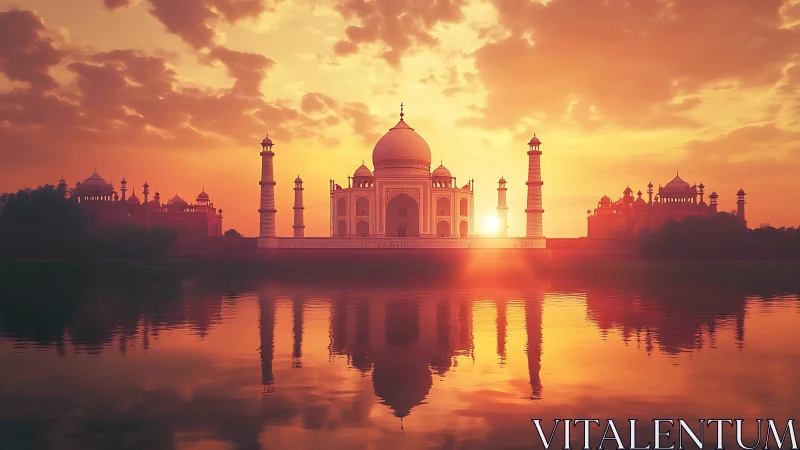 Glowing sunset gently embraces a serene riverside palace