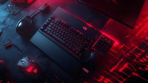 Cyberpunk gaming battlestation with illuminated keyboard layout.
