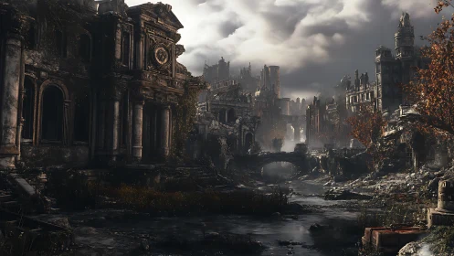 Post-collapse neoclassical ruins with fluvial urban erosion.