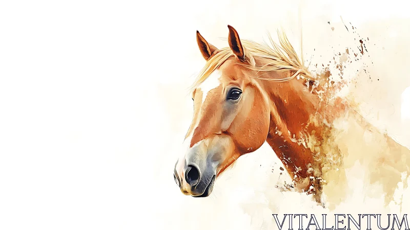 Chestnut horse portrait dissolving into watercolor splashes.
