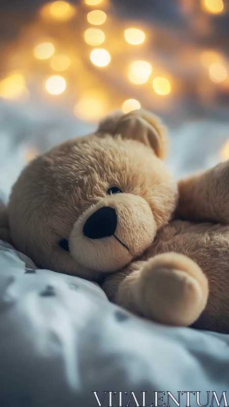 Plush teddy bear lies on soft bedding with defocused lights