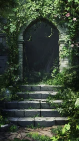 Vegetation-sheathed stone archway framing a shadowed void.