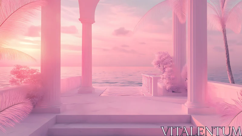 Pink neoclassical terrace overlooking tranquil ocean horizon.