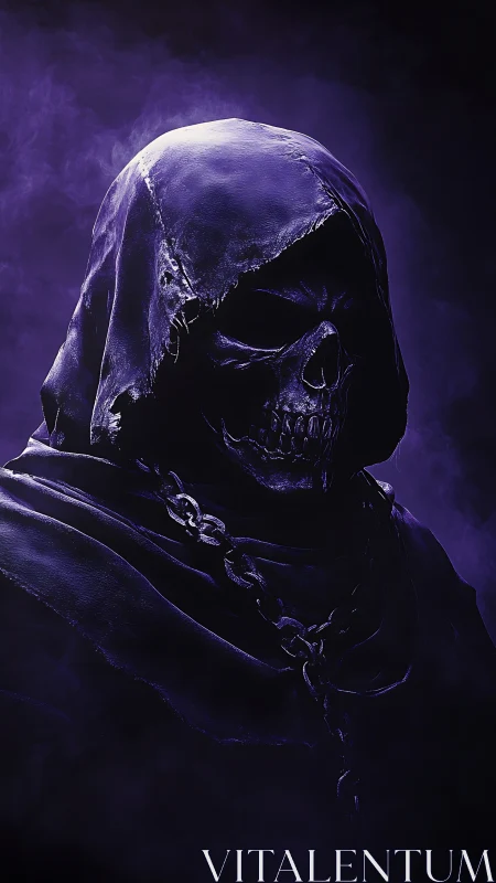 Hooded skeletal reaper emerges in deep violet mist.