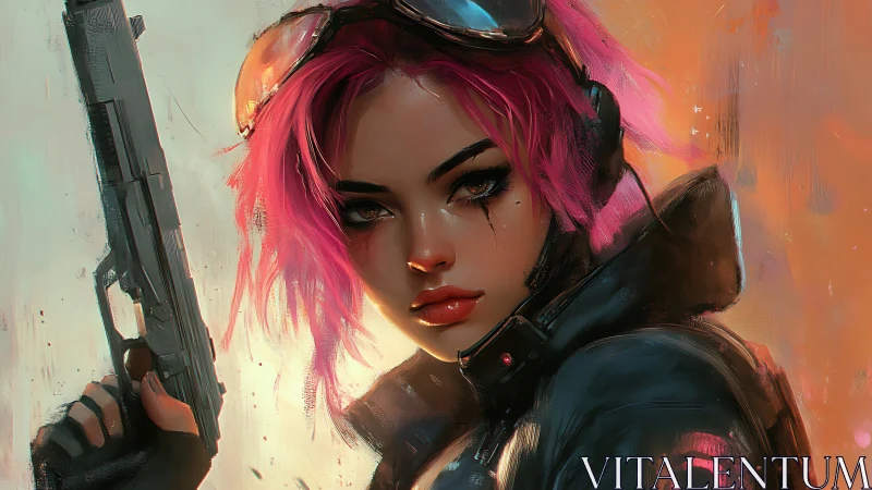 Pink haired woman holds pistol in stylized digital portrait