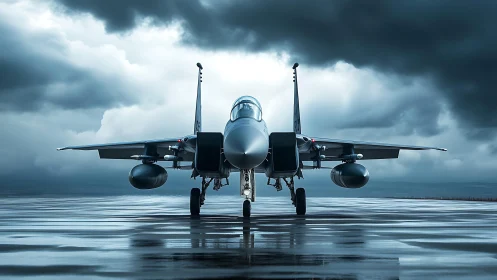 Modern fighter jet waits on wet runway under storm clouds