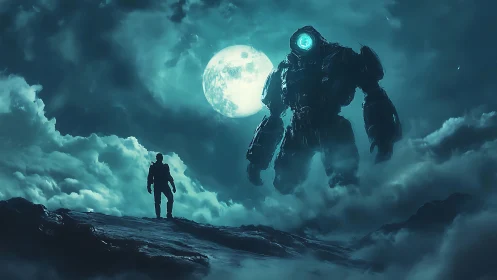 Lone explorer confronting luminous mech titan under moonlit clouds