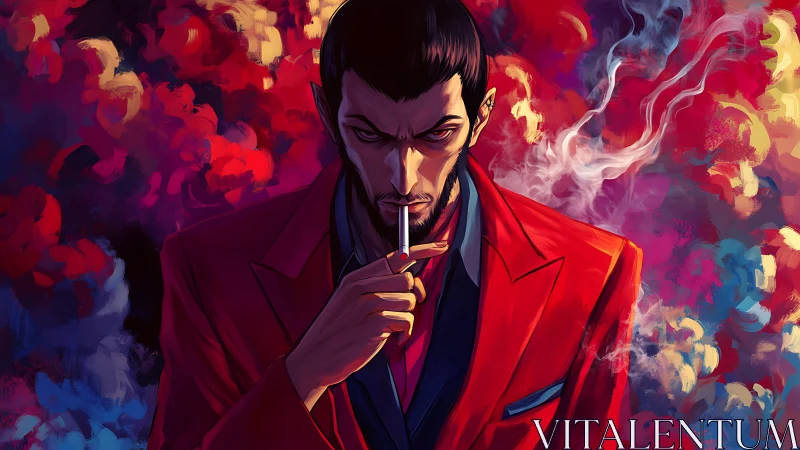 Smoking antihero in red suit amid vivid abstract smoke.
