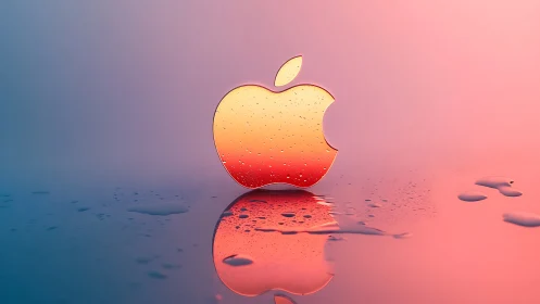 Glossy apple emblem on wet reflective gradient surface.