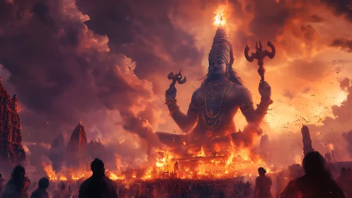 Digital painting of colossal fiery deity amid temple ruins.