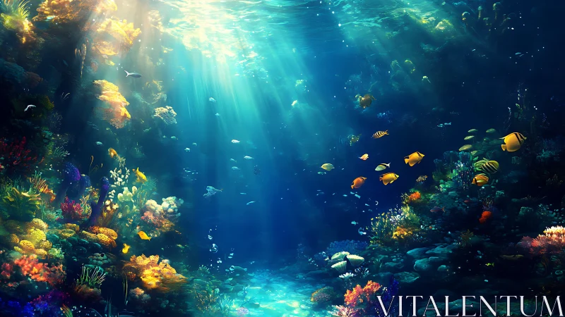 Sunlit coral kingdoms drift beneath glittering blue ceilings