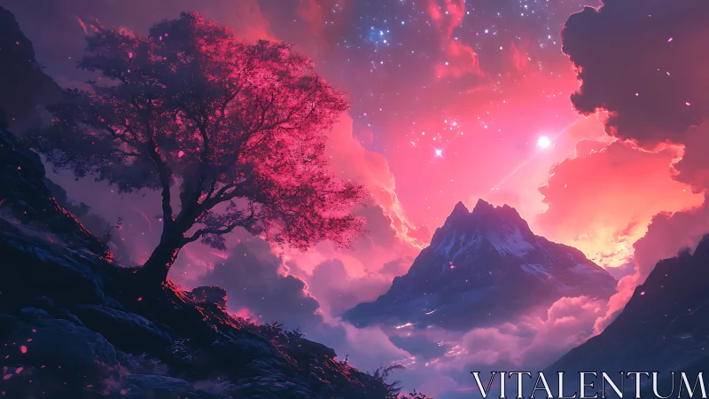 Dreamlit pink tree and starry mountain at twilight glow.