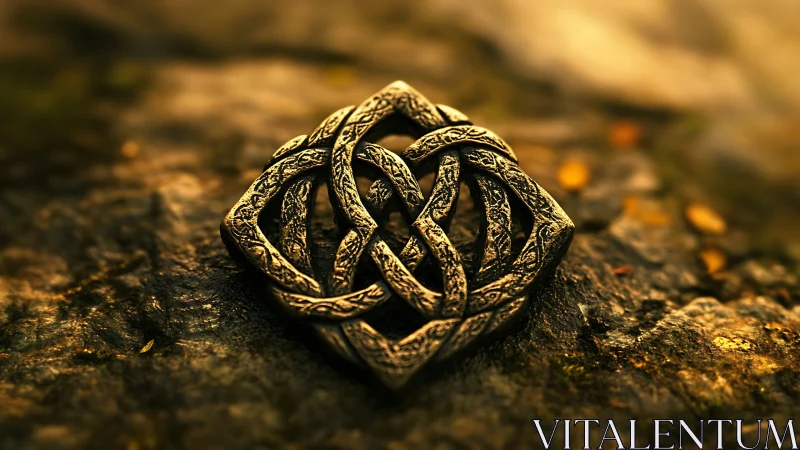 Ancient knotwork relic glows softly on weathered stone.