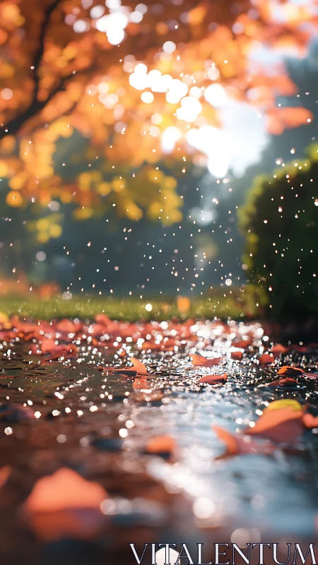 Shallow-depth autumn puddle captures suspended rain droplets sharply