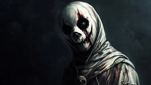 Hooded skeletal wraith stares from shadowed, bloodstained void