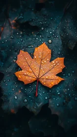 Orange maple leaf with water droplets on dark wet foliage.