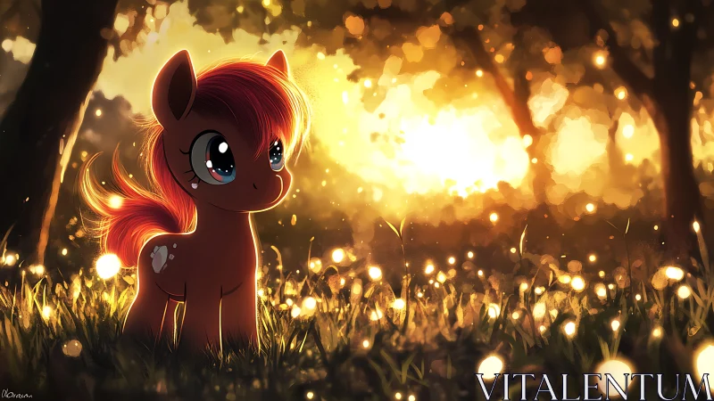 Sunlit pony gazes softly across a glowing forest meadow