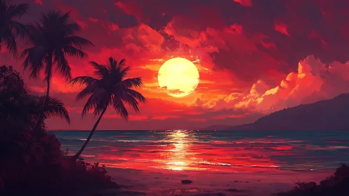 Tropical sunset illuminates palm-lined shore with red sky
