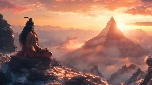 Meditating figure overlooks sunlit snow mountain peak