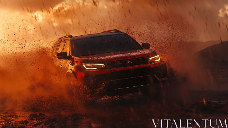 Off-road SUV powering through sunset mud spray dynamics.