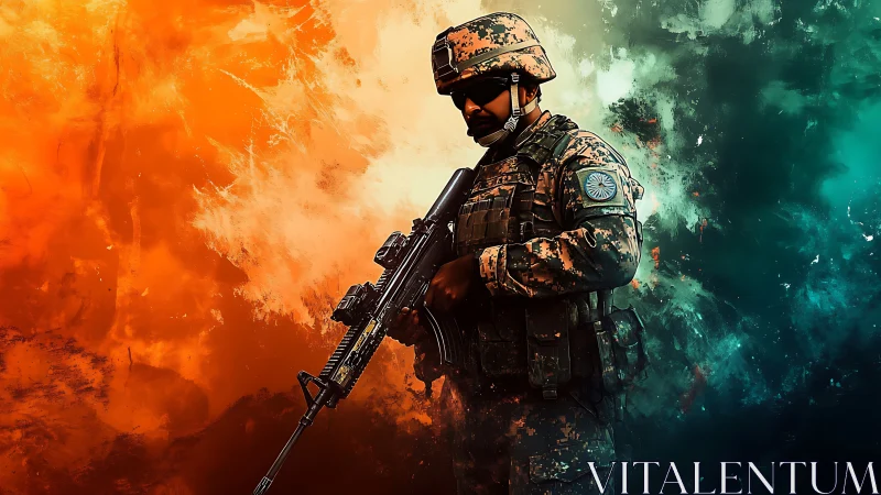 Soldier in combat gear against fiery abstract backdrop.