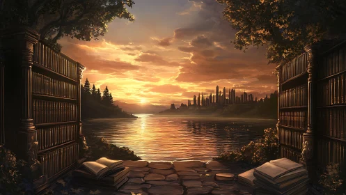 Digital painting of riverside archive framing a sunset cityscape.