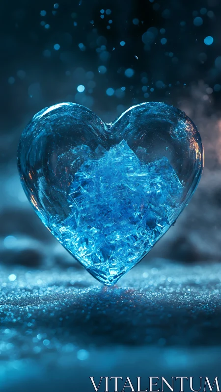 Crystalline Ice Heart Form with Luminescent Blue Interior Geometry