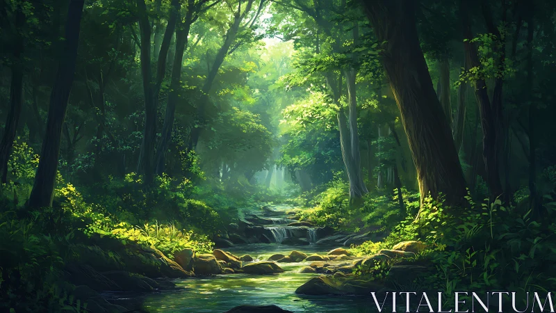 Luminescent Forest Stream: Digital Landscape with Ethereal Canopy.