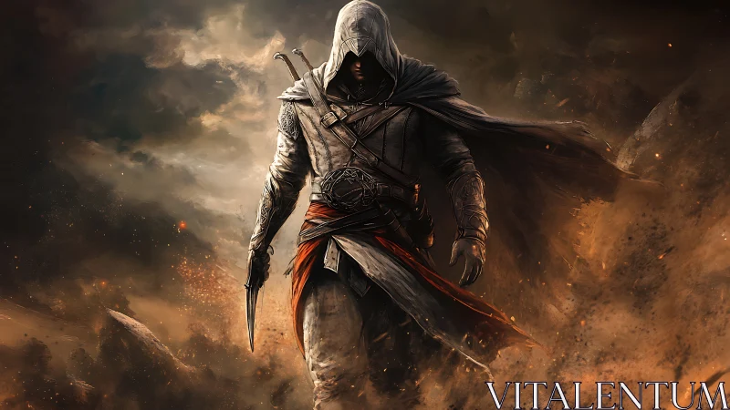 Hooded assassin strides through swirling fiery sandstorm.