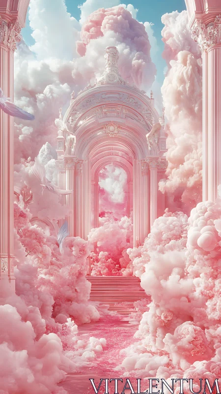 Celestial pink palace rising through luminous cotton clouds.