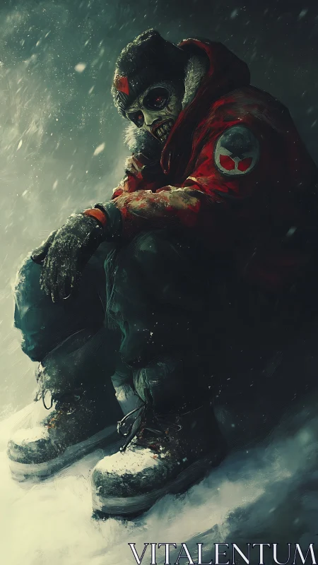 Skeletal figure in red parka seated in harsh winter storm.