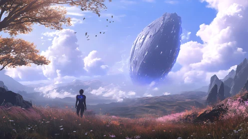 Autonomous observer under levitating alien megastructure horizon.