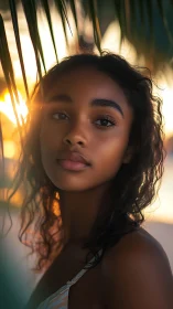 Sunlit gaze beneath palm shadows at a dreamy shoreline.