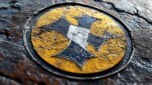 Circular metallic emblem with worn yellow and blue crest