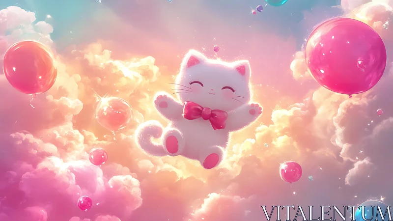 Feline Guardian Suspended Among Radiant Spherical Structures.