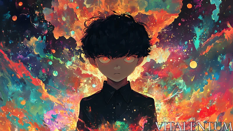 Cosmic nebula backdrop with glowing eyed anime boy silhouette