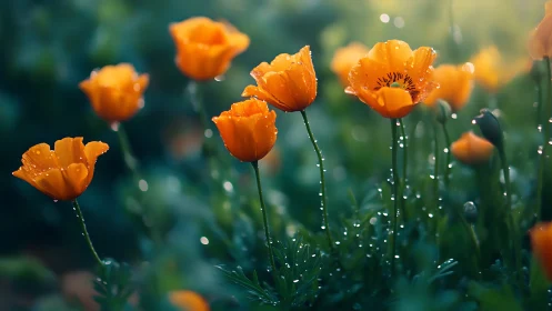 Orange tulips with water droplets in morning light and green garden setting