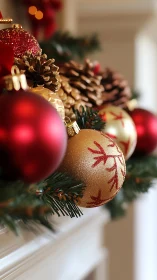 Photorealistic close-up of festive baubles and pine garland.