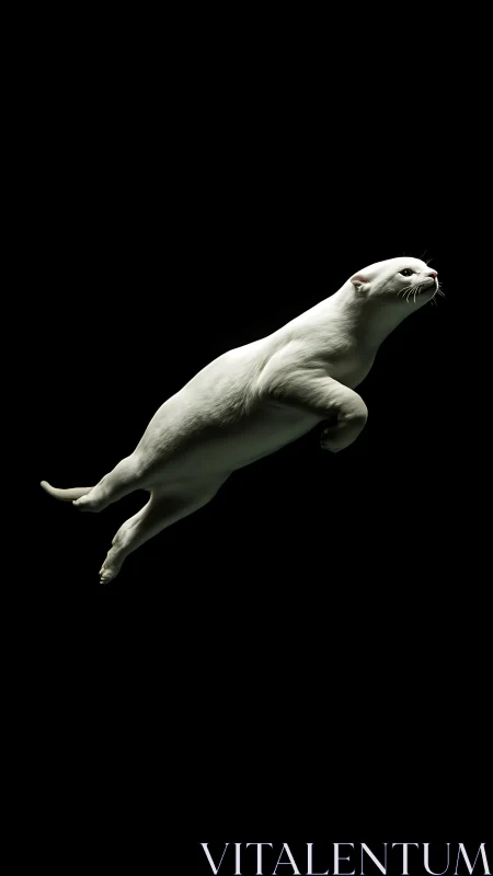 White otter-like mammal suspended against black background.