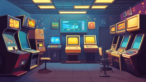 Retro arcade room interior with multiple game cabinets.